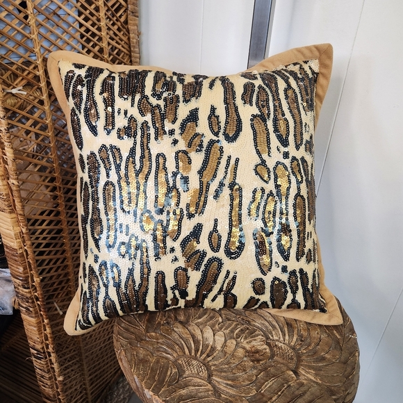 Leopard Print Sequin Brown Tan Leopard Animal Print Throw Pillow Home Decor 15" - Picture 2 of 7
